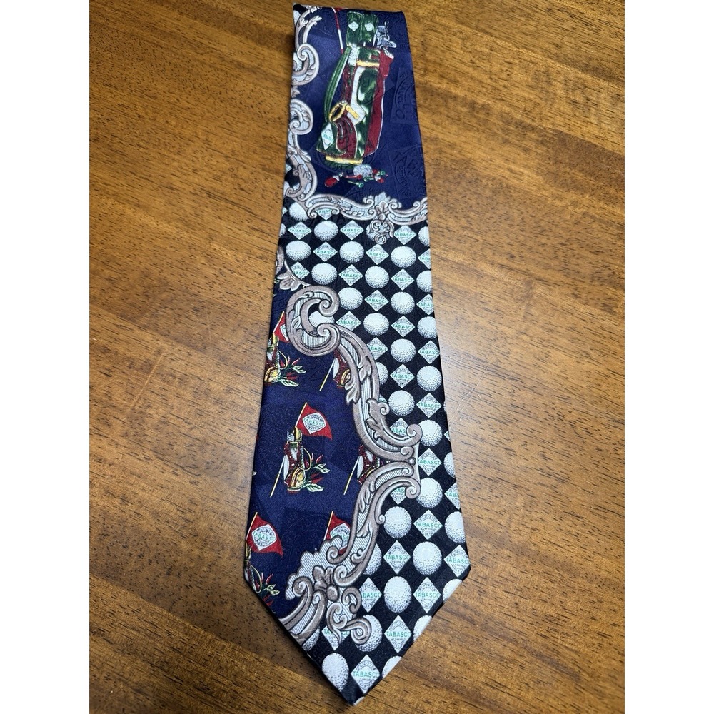Vintage TABASCO Golf Tie 100% Silk Novelty Necktie Golf Bag Balls Made USA